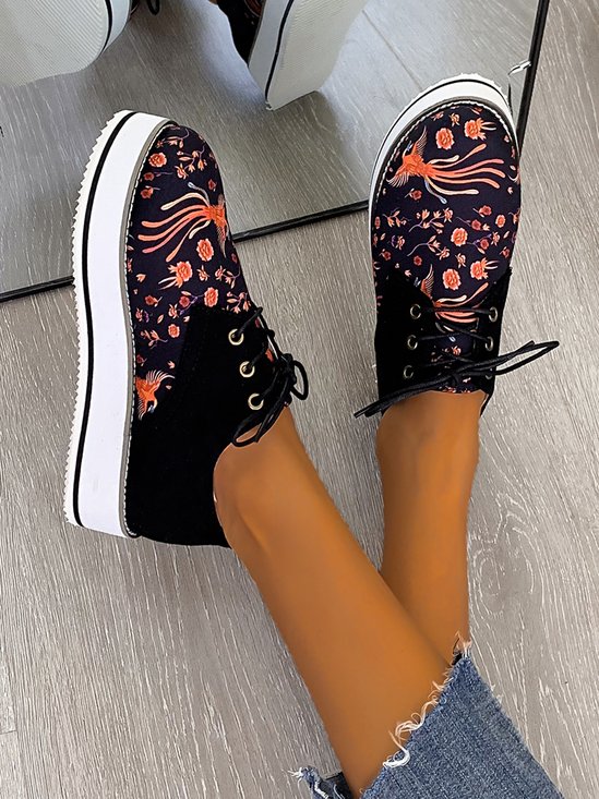 Floral Printed Patchwork Lace Up Shoes