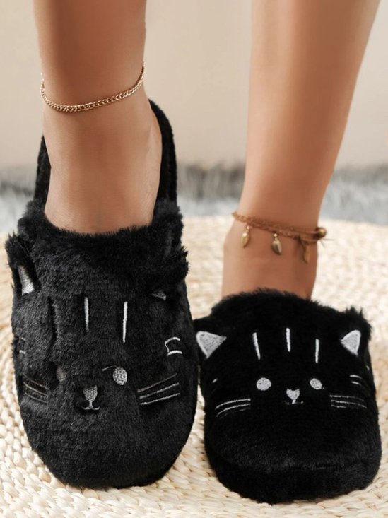 Cartoon Cat Embroidery Furry Slippers