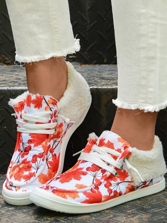 Women's Large Maple Leaf Sunflower Printed Plush Splicing Flat Shoes