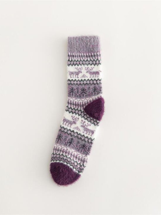 Casual Retro Striped Elk Pattern Plush Socks Autumn Winter Accessories Warm High Stretch