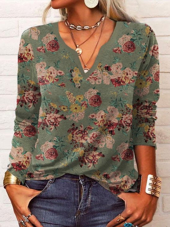 Floral Long Sleeve Notched Casual T-Shirt