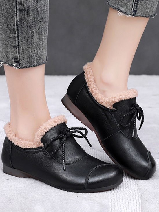 Vintage Bow Warm Furry Lined Slip On Flats