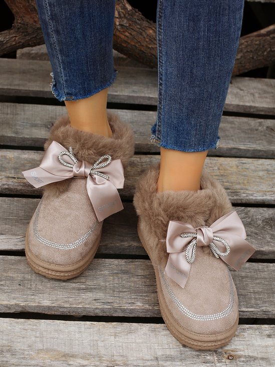 Winter Casual Rhinestone Bow Furry Lined Snow Booties