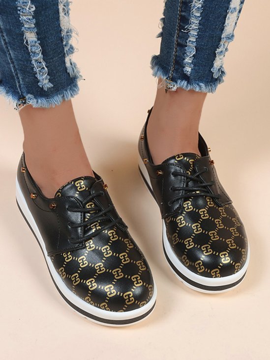 Classic Old Flower Abstract Graphic Studded Lace-up Shoes