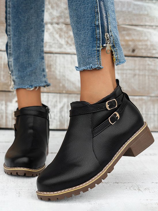 Women's Simple Plain Buckle Embellished Zip Booties