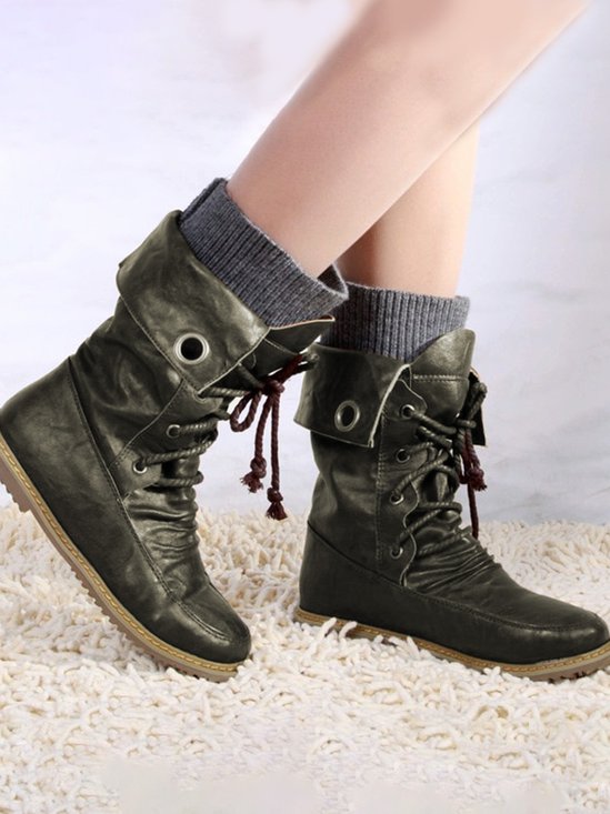 Comfortable Soft Flat Round Toe Vintage Knit Panel Biker Booties