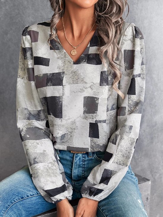 V Neck Loose Geometric Casual Top