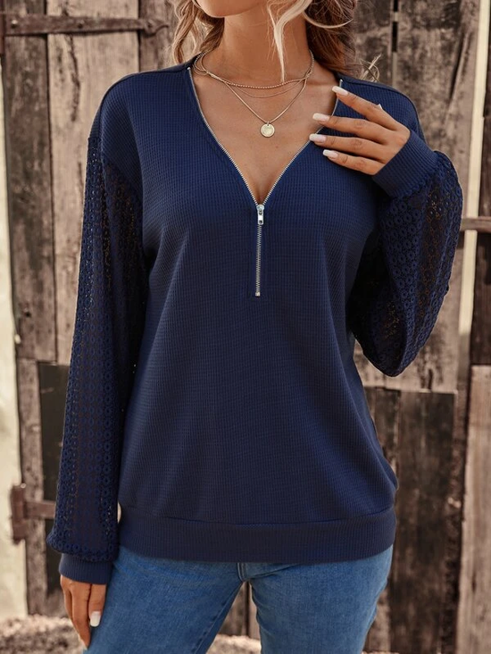 Casual V Neck Plain Loose Sweatshirt