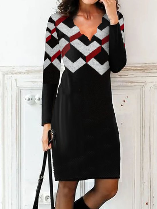 Geometric V Neck Casual Dress