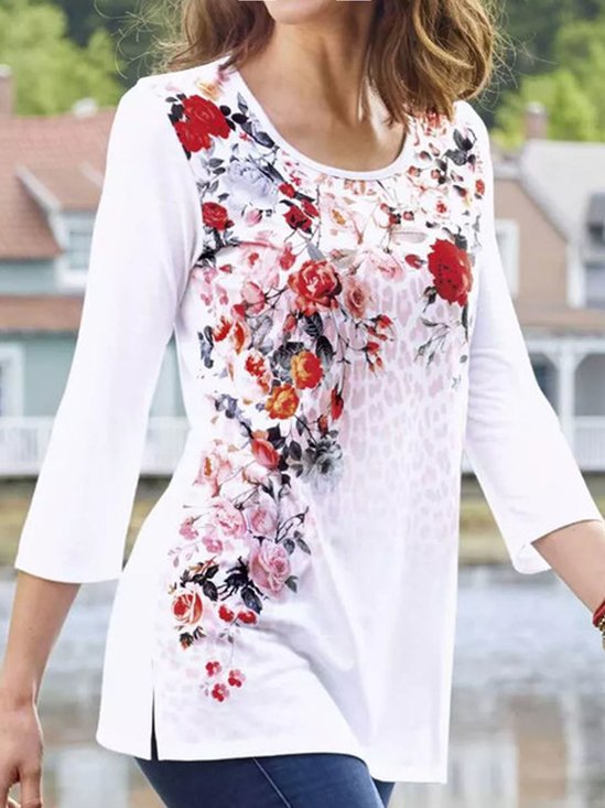Casual Floral Seven-quarter Sleeves Crew Neck T-Shirt