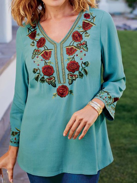 Casual Floral V Neck Loose Tunic  T-Shirt