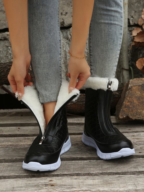 Geometric Embossed Zip Front Furry Lined Snow Boots