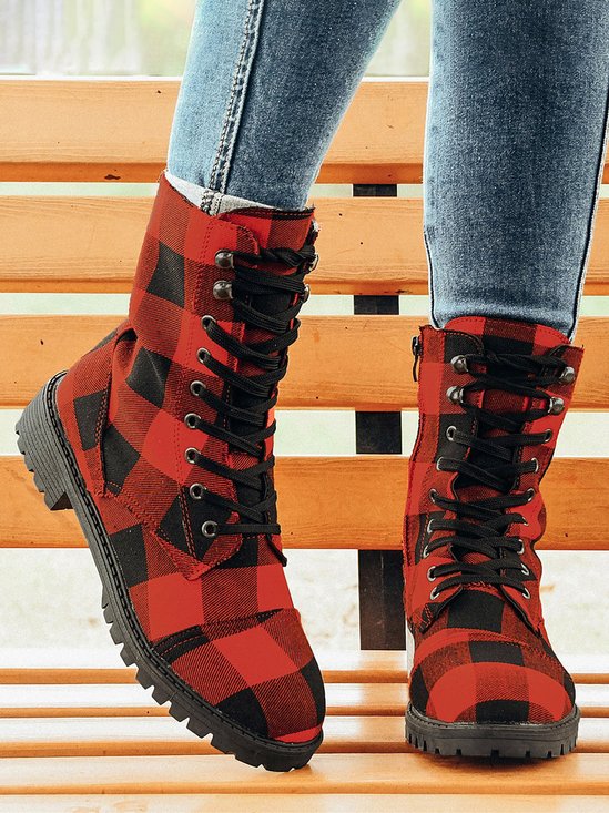 Christmas Red-black Plaid Plus Size Lace-Up Decor Size Zip Canvas Boots