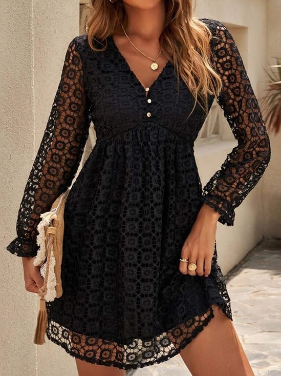 Lace Plain Long Sleeve Buckle V Neck Party Dress