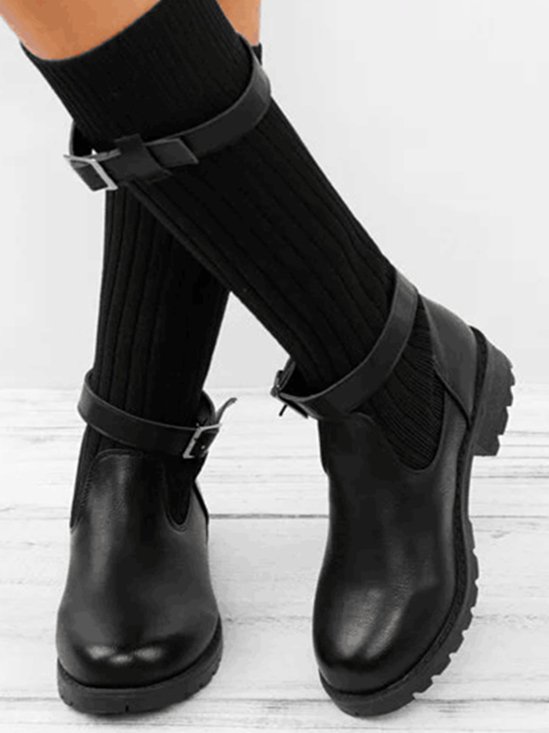 Vintage Buckle Knit Socks Chunky Heel Sock Boots
