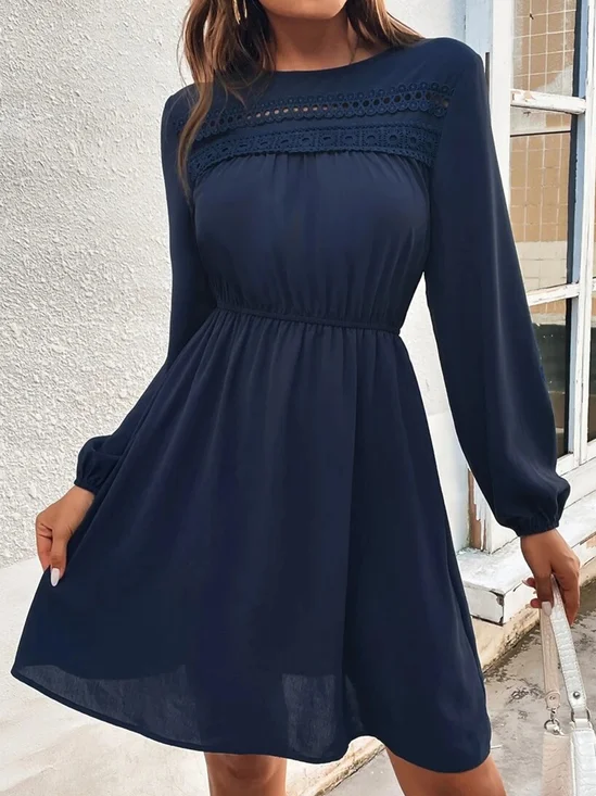 Lace Plain Long Sleeve Crew Neck Party Tunic Dress