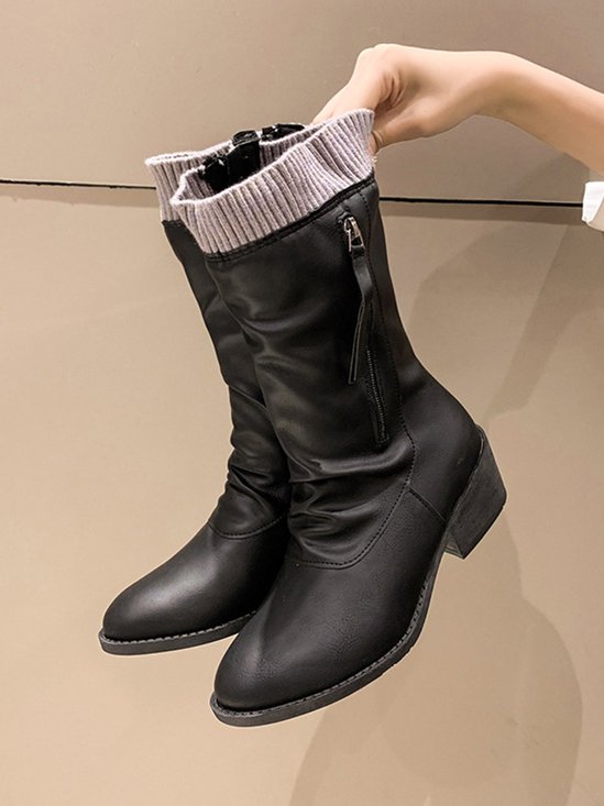 Vintage Wool Knitting Stitching Pleated Synthetic Leather Thick Heel Boots