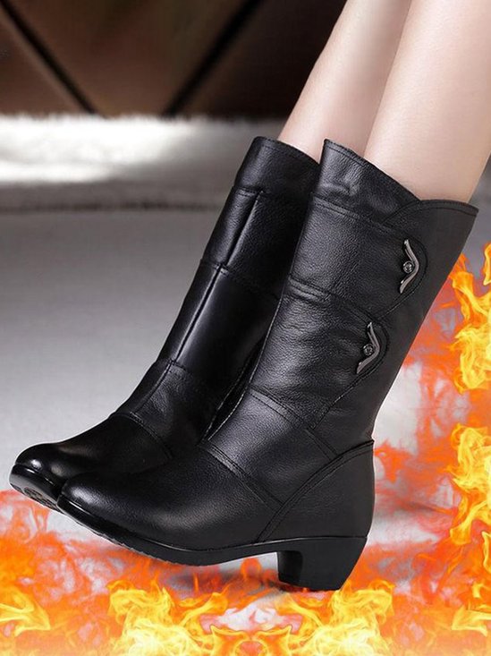 Black Rhinestone Metal Plush Warm Thick Heel Boots