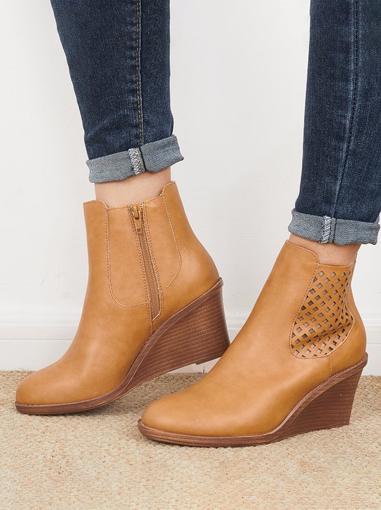 Hollow Side Zip Stacked Wedge Heel  Ankle Boots
