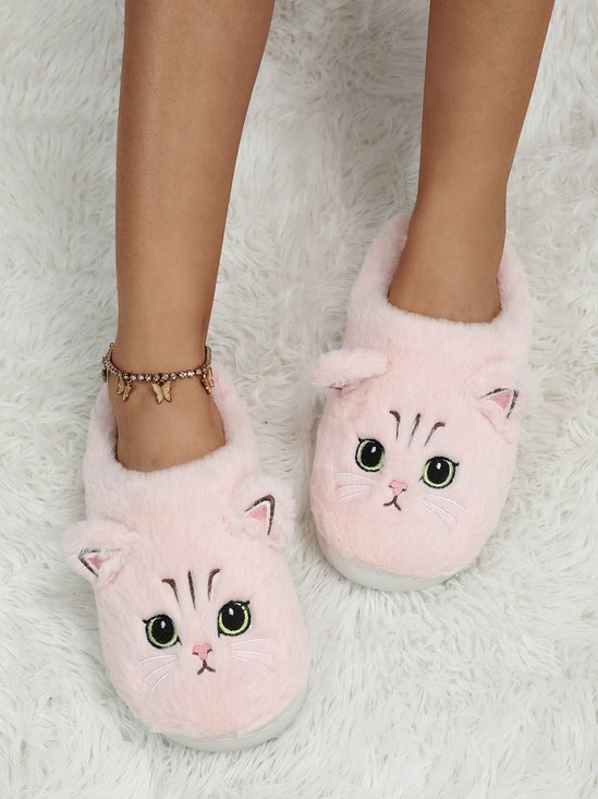 Cartoon Cat Design Embroidered Fuzzy Novelty Slippers