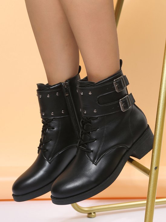 Black Riveted Buckle Coarse Heel Motorcycle Boots