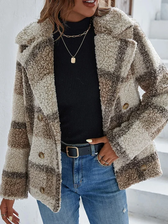 Casual Buckle Plaid Shawl Collar Teddy Jacket