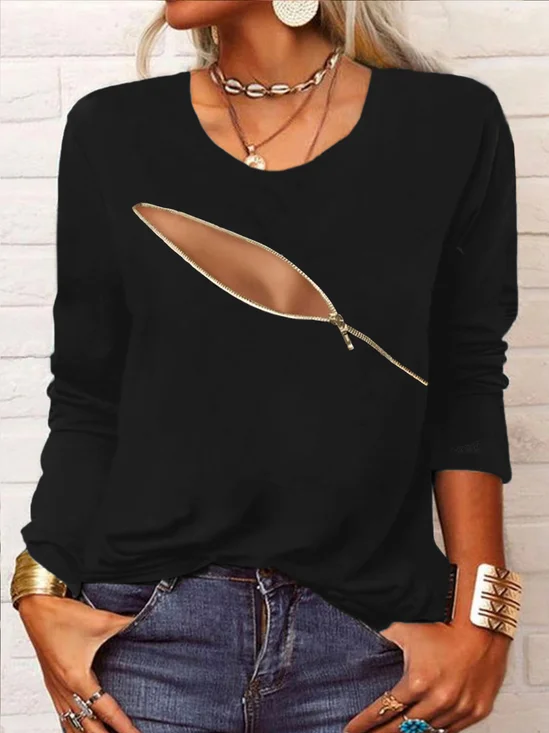 Long sleeve Crew Neck Zipper Casual T-Shirt