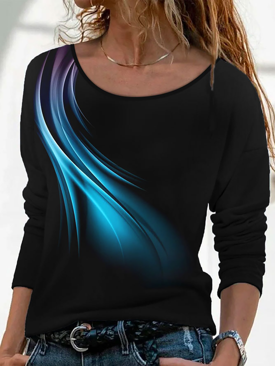 Casual Abstract Autumn Micro-Elasticity Daily Long sleeve Crew Neck H-Line Regular Size T-shirt for Women