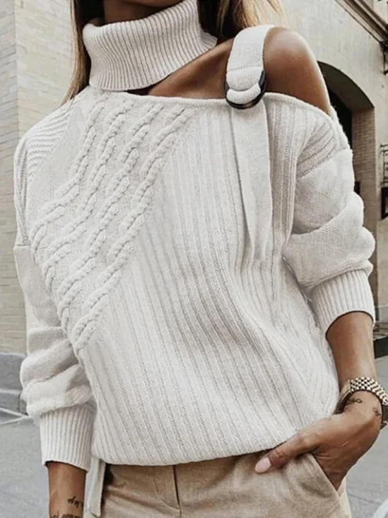 Cotton-Blend Loose Plain Turtleneck Jumper