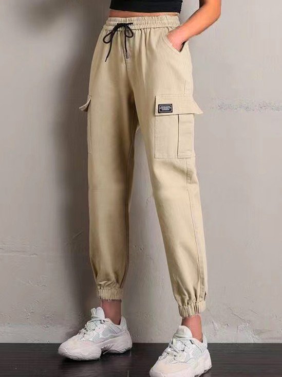 Lace-Up Plain Pockets Casual Cargo Pants
