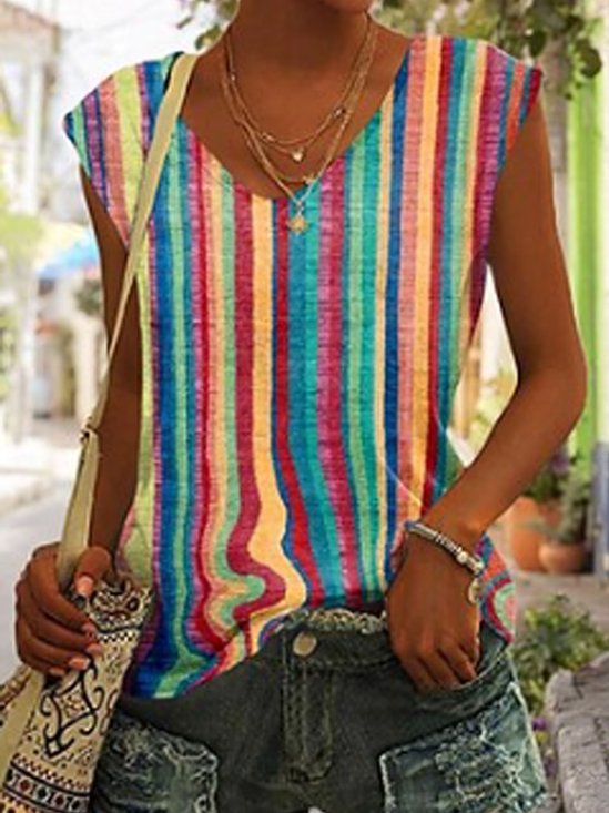Striped Casual V Neck Loose Tank Top