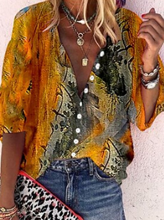V Neck Loose Casual Abstract Blouse
