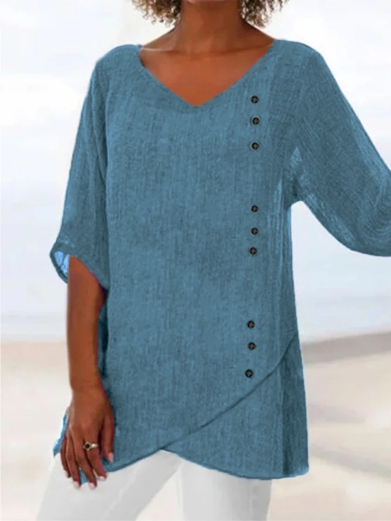 Loose V Neck Plain Bamboo Blouses