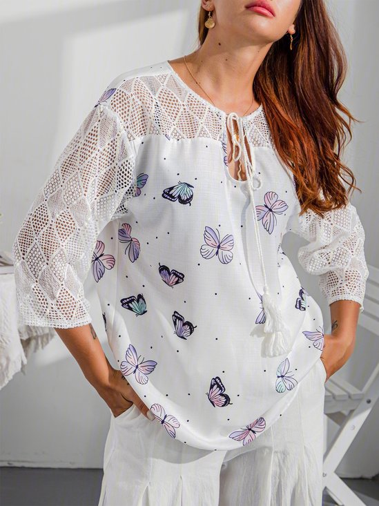 Polyester Fibre Butterfly V Neck Casual Casual Top