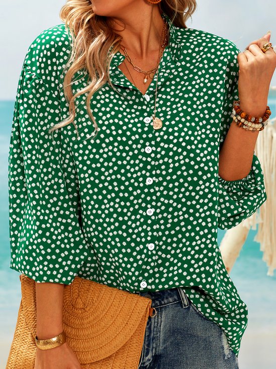 Casual Polyester Fibre Floral V Neck Half Sleeve Blouses
