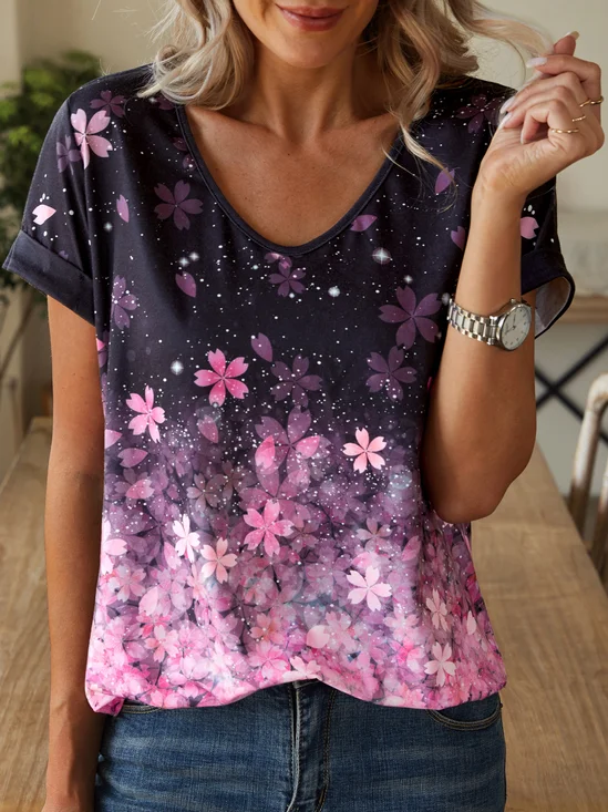 Fit Floral Cotton-Blend V Neck T-shirt