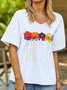 Floral Summer Casual V neck Lightweight Short sleeve Cotton Regular H-Line Top for Women