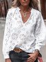 Casual Cotton V Neck Patchwork Blouses