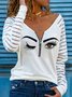 Casual V Neck Cotton-Blend Printed Blouses