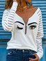 Casual V Neck Cotton-Blend Printed Blouses