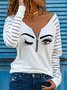 Casual V Neck Cotton-Blend Printed Blouses