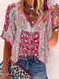 Half Sleeve Floral Polyester Fibre Loose V Neck Blouses