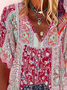 Half Sleeve Floral Polyester Fibre Loose V Neck Blouses