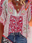 Half Sleeve Floral Polyester Fibre Loose V Neck Blouses