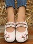 Bohemian Ethnic Floral Embroidery Linen Mary Jane Flats