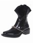 Denim Panel Fringed Western Cowboy Boots with Chain
