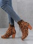 Leopard Print Plain Faux Leather Chunky Heel Boots
