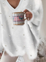 V Neck Casual Plain Pearl Fuzzy Jumper