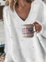 V Neck Casual Plain Pearl Fuzzy Jumper
