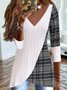 Color Block Plaid Printed Christmas V Neck Texture Casual Top